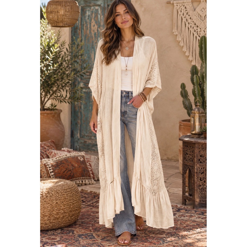 Free People All Tous Collection Gauze Embroider Boho Ruffle Maxi Kimono Duster